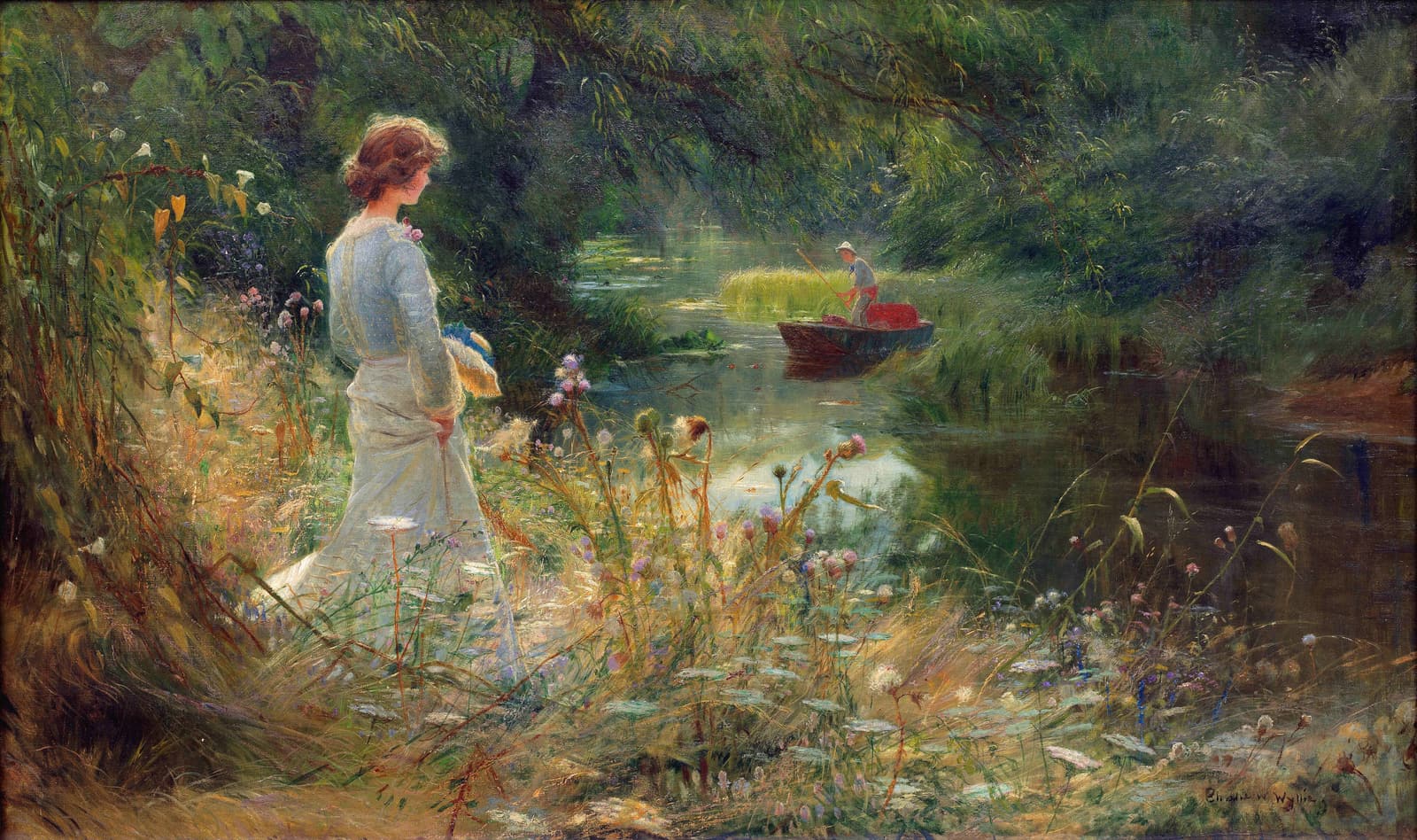 The Backwater, an oil painting by Charles William Wyllie of a woman on a riverbank watching a man in a punt